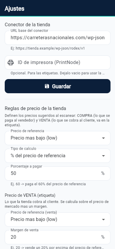 Pantalla de ajustes de la app Rodex para configurar márgenes, precios e impresora