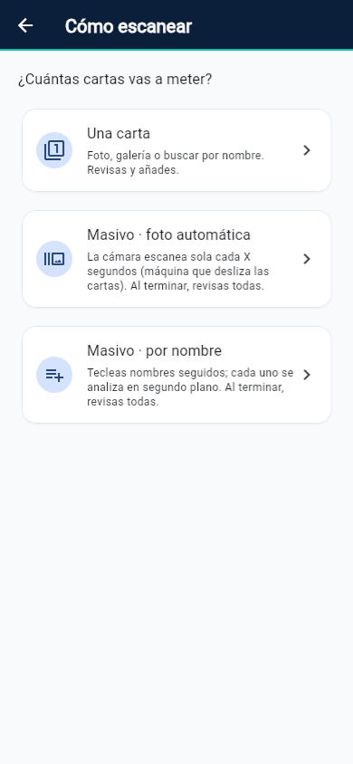 Pantalla de la app Rodex para elegir cómo escanear: una carta o modo masivo