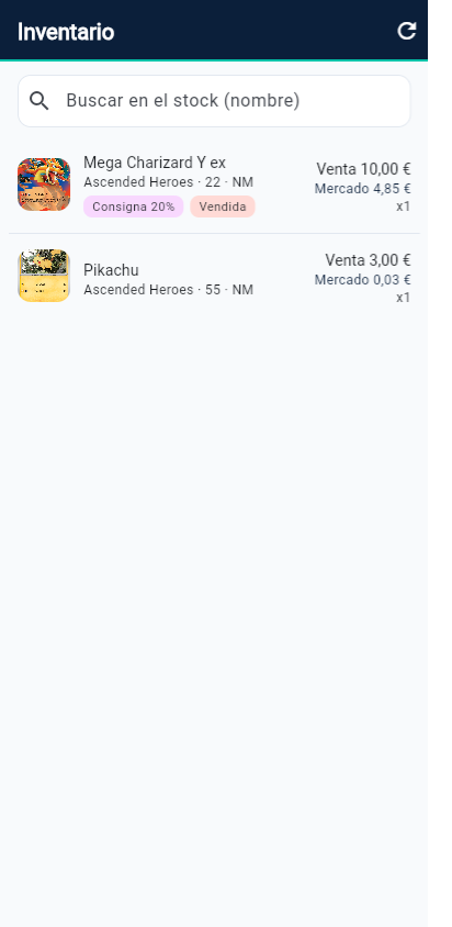 Inventario de cartas con precio de mercado del dia en Rodex