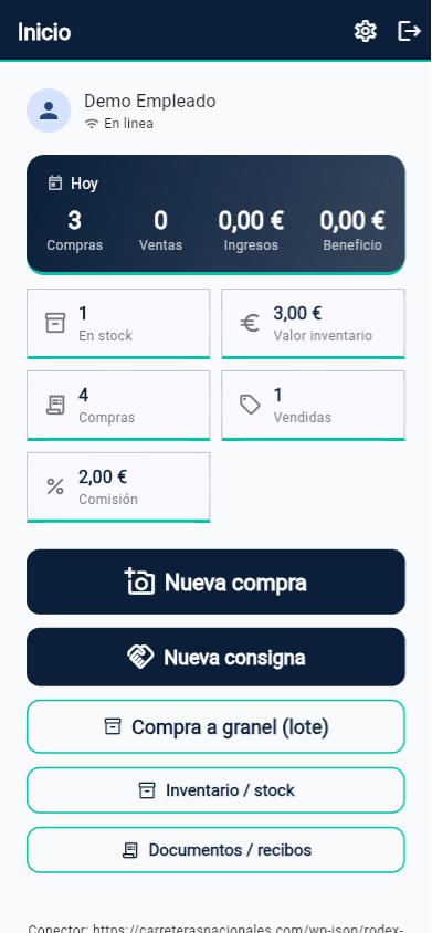 Panel de la tienda en la app Rodex