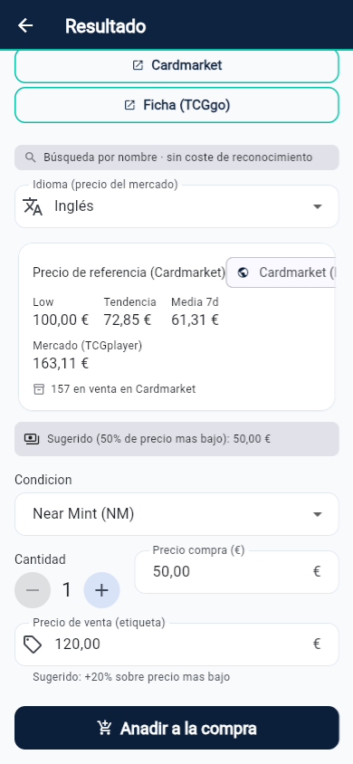 Precio de referencia de Cardmarket y precio de compra y venta sugeridos en Rodex